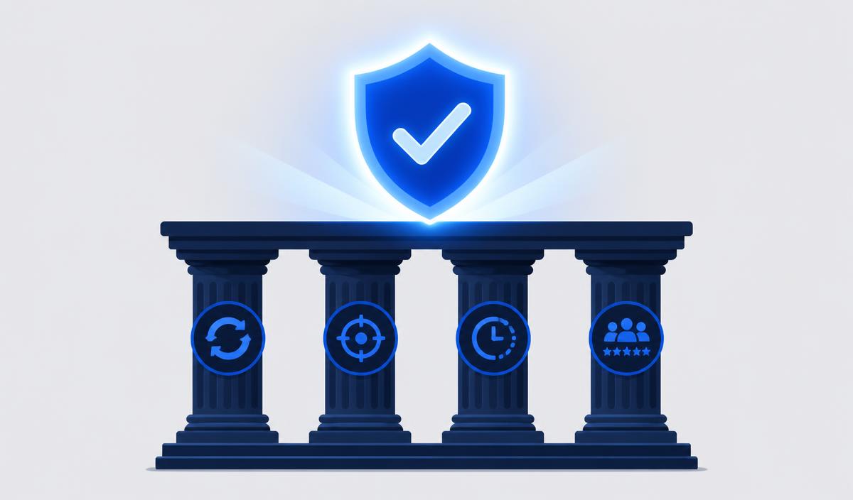Four navy pillars labeled with icons for consistency, specificity, freshness, and third-party reviews supporting a glowing blue trust shield