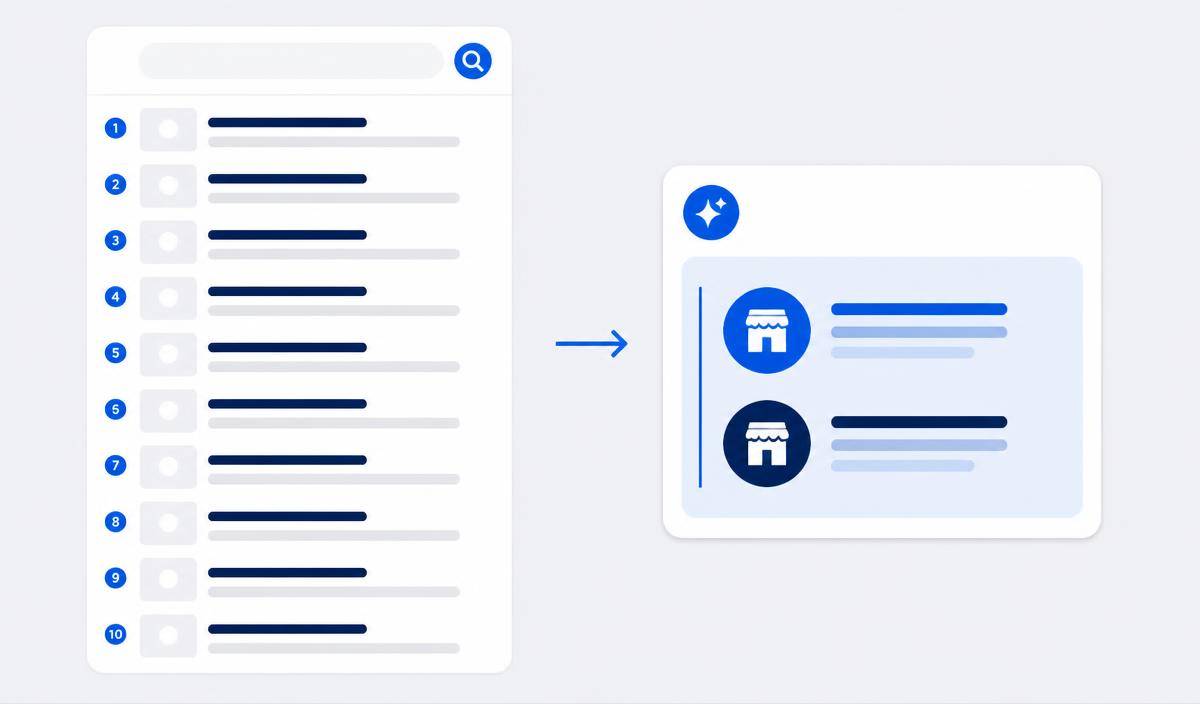 Side-by-side comparison showing a traditional list of ten ranked search results on the left and a single AI-generated answer card naming only two businesses on the right