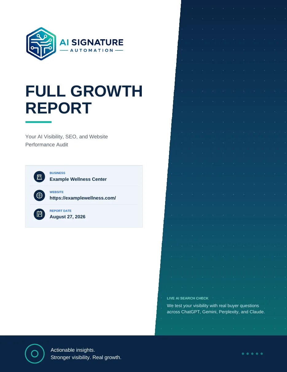 Sample Full Growth Report cover page showing the business name, website, and report date, anonymized