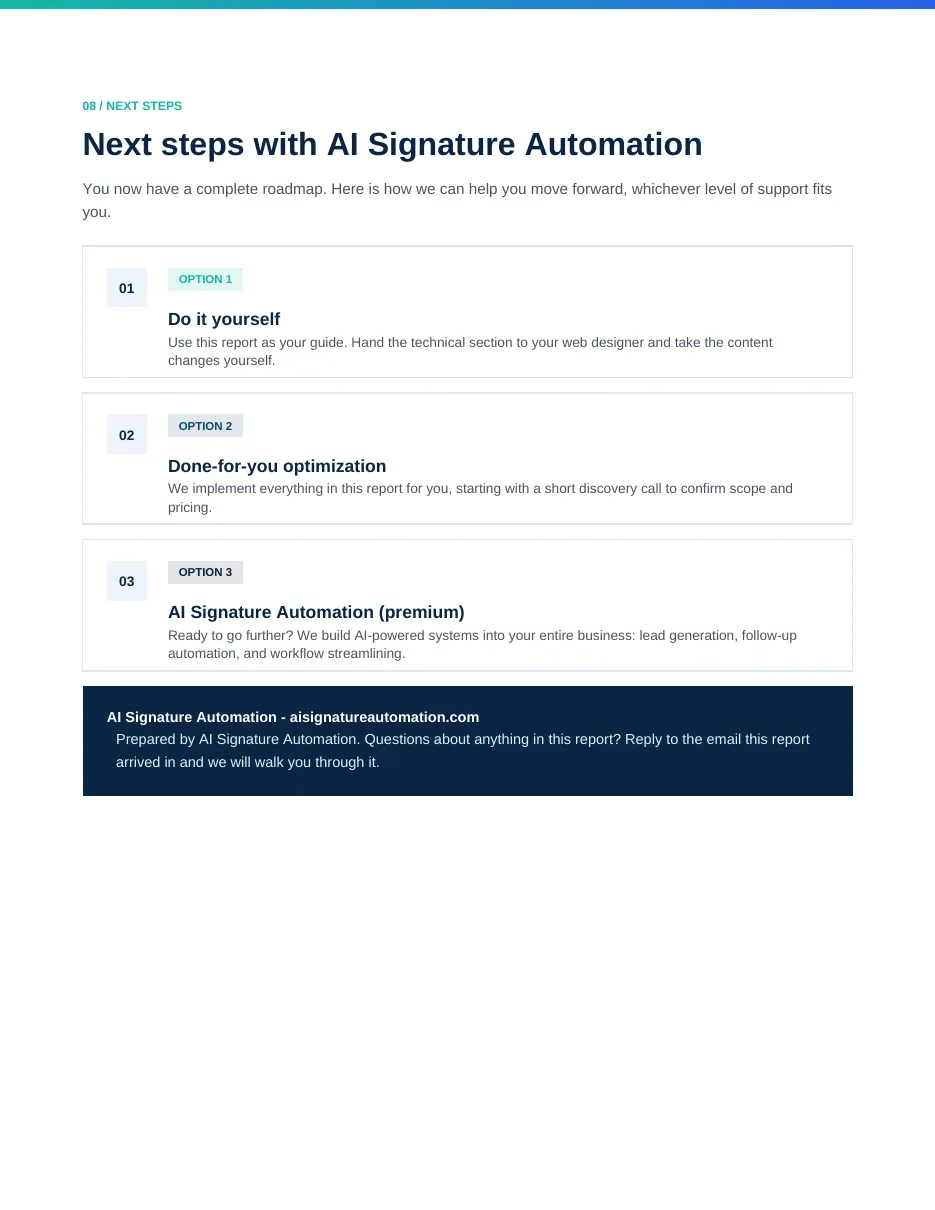 Next steps page showing the three ways to move forward after the report